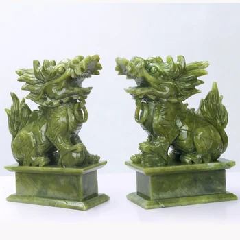 18CM Пара 100% натуральный китайский зеленый нефрит резной фэншуй Kylin Qilin Chi-lin Beast