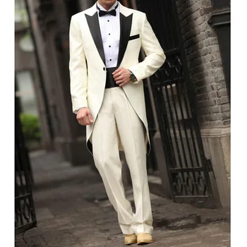 2 шт. Мужское пальто для свадьбы с бежевыми брюками на заказ Мужчина Мода Жених Смокинг Черный Остроконечный Лацкан Костюм Пиджак