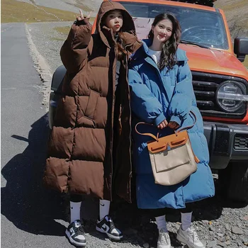 2022 Женский синий пуховик с капюшоном Длинная хлопковая одежда Зимняя теплая утолщенная ветрозащитная корейская мода Свободное пальто Топы