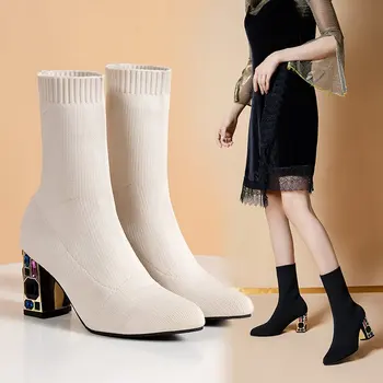 2022 Осенние женские сапоги из эластичной ткани Новый бренд Дизайнерские ботильоны на высоком каблуке Вязаные однотонные сексуальные носки Сапоги толстые