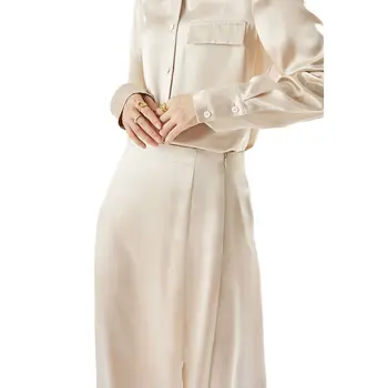 2022 Осень Новая женская французская шелковая однотонная юбка с высокой талией Slim Fit Split Half Skirt
