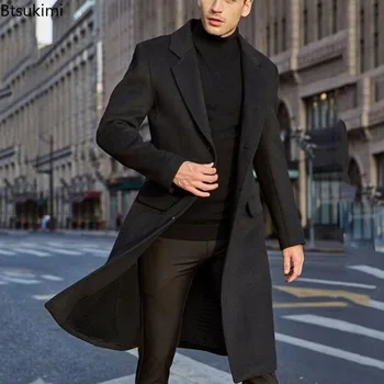 2023 Мужское пальто с длинным рукавом Корейский тренд Осень-зима Мужское пальто Куртка Однотонное шерстяное длинное пальто Мужское уличное пальто Тренч