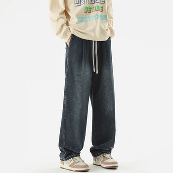 2023 Осень Мужские джинсы с широкими штанинами, мешковатая мода, уличная одежда, черно-синяя, мода, корейская винтажная эластичная талия, джинсовые брюки