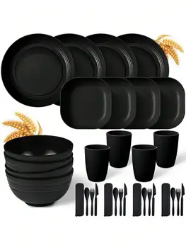 32 шт. Черный пластиковый набор столовых приборов, тарелки, плевки, чаши, чашки, столовые приборы, 4 комплекта для кемпинга на открытом воздухе, вечеринки