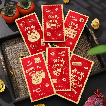 6 шт. 2024 Китайский Новый год Красный конверт Год Дракона Хунбао Весенний фестиваль Красный карман Лучшее пожелание Счастливые деньги Карманы Подарочная сумка