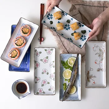 9,7 дюйма Японская тарелка для суши Керамическая обеденная тарелка Цветок Фрукты Посуда Прямоугольник Обеденная посуда Бытовая тарелка