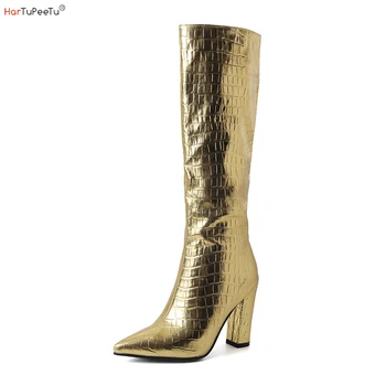 Crocodile Высокие сапоги для женщин Металлическое золото Серебро Гольф Сапоги Массивные каблуки Обувь Остроконечный носок Осень-зимняя обувь