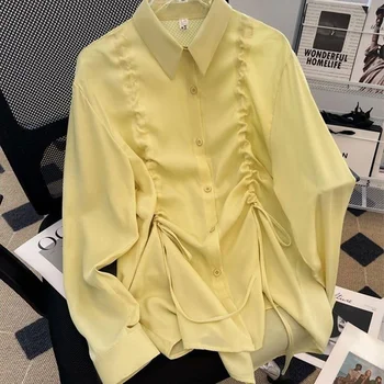 DAYIFUN Желтый Всематчевая свободная блузка Женская рубашка с гофрированием на шнурке Весна Осень Корейский Поло Вырез Однобортная уличная одежда