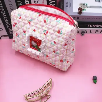 Kawaii Hello Kitty Косметичка большой емкости Мультяшный розовый хлопок Модная печать Косметика Сумка для хранения