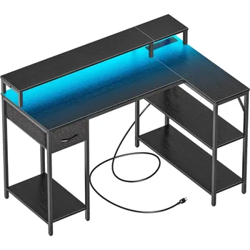 L Игровой стол со светодиодной подсветкой и розетками Комнатный стол для учебы Мебель Черный стол Компьютерные столы Pliante Reading