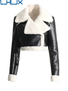LJHLJX Colorblock Повседневные пальто для похудения из лоскутного ворка из овечьей шерсти для женщин Лацкан с длинным рукавом и сращенной молнией пальто для женщин 2024