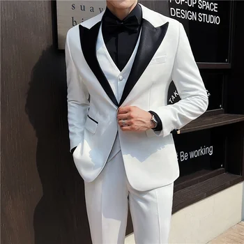 (M-4XL) Высококачественный новый мужской (костюм + жилет + брюки) Британский свадебный костюм Красивый деловой приталенный модный костюм Платье из 3/2 частей