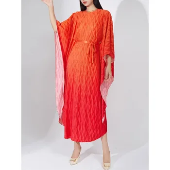 Miyake Плиссированный градиентный цвет Платье Мода Элегантный полный рукав летучей мыши А-силуэт Свободный пояс Нерегулярный Новый 2024 Весна Новый