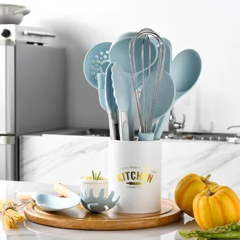 Morandi-Blue Силиконовая кухонная утварь Набор антипригарной посуды Шпатель Лопата Зажим для еды Деревянная ручка Кухонный инструмент для приготовления пищи