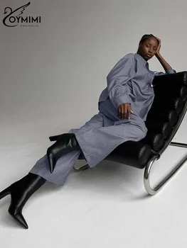 Oymimi Повседневный серый набор из двух частей для женщин Элегантные рубашки с длинным рукавом на пуговицах и прямые брюки с высокой талией Женский комплект
