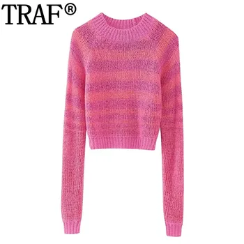 TRAF Вязаные укороченные свитера Розовый полосатый свитер для женщин Пуловеры с длинным рукавом Осенний свитер с круглым вырезом Женщина Зима 2023