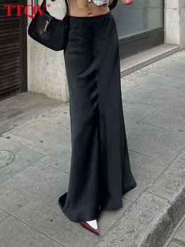 TTQV Элегантные черные простые юбки для женщин Повседневные прямые юбки с низкой талией Уличная мода Однотонная юбка до пола Женская