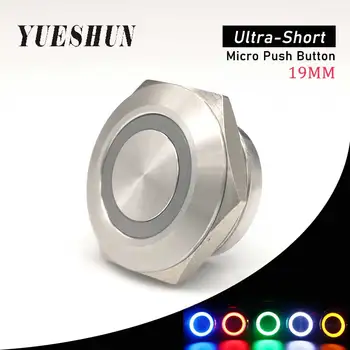 Yueshun 19 мм Мгновенный короткий корпус Металлический кнопочный выключатель света 12 В 24 В Кольцевой светодиод IP67 Нормально открытый