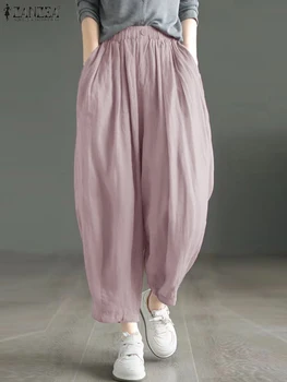 ZANZEA 2024 Весенние женские шаровары Повседневные O-Style Всематчевые Pantalon Простые карманы Низы Мода Твердые корейские длинные брюки