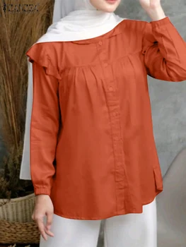 ZANZEA Модные мусульманские топы с длинным рукавом Женщины Однотонная блузка Турция Abaya Duabi Kaftan 2023 Осенняя элегантная рубашка Хиджаб Blusas Mujer
