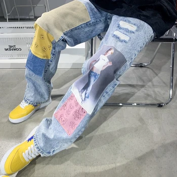 y2k джинсы с нашивкой дизайн брюки мужские свободные сломанные джинсы корейский контраст мужчина брюки унисекс хай-стрит джинсовые брюки 2023 fashio