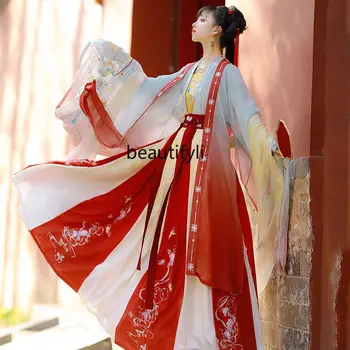 yj Красный градиент Ханфу Планка До пояса Ruqun Китайская традиционная одежда Хань Машинная вышивка Набор из пяти предметов