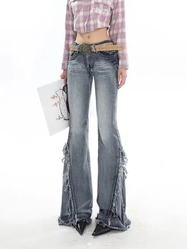 Американский ретро Y2K Расклешенные джинсы Поцарапанные тонкие брюки-клеш Женская мода Gyaru Джинсовые брюки Брюки с необработанным краем Хип-хоп Хай-стрит