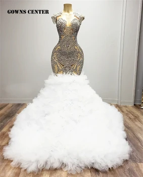 Белый тюль Шлейф с рюшами Хрусталь Бисероплетение Длинные выпускные платья Роскошное выпускное платье Mermiad Party Платье Свадебные vestidos de gala