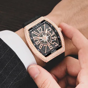 Брендовые мужские часы с бриллиантами Роскошные водонепроницаемые кожаные ремешки Банкетные наручные часы Немеханический тренд Бизнес Кварцевые наручные часы