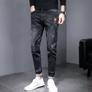 Брюки Эластичные джинсы для мужчин Узкие эластичные мужские ковбойские брюки Черный Узкий Slim Fit Повседневный Роскошный Тренд 2023 Багги Гот Xs