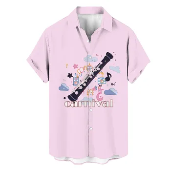 Весна И Лето Мужская Мода Свободная Музыка Гитара Печатная Короткая Корейская Мода Модные Рубашки Топы Уличная Одежда Блузки Топы