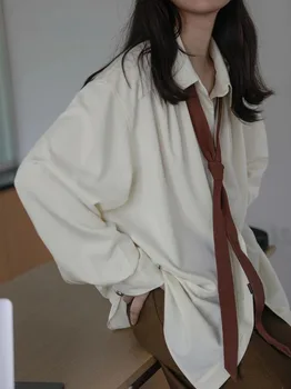 Винтаж Женская блузка Оверсайз Harajuku Chic Базовый корейский стиль с галстуком Рубашка с длинным рукавом Свободный эстетический ретро Женский