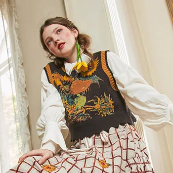 Винтажные жилеты-свитера в народном стиле Y2k Оверсайз Женские вязаные майки без рукавов Harajuku Модный дизайнер Цветочное пальто