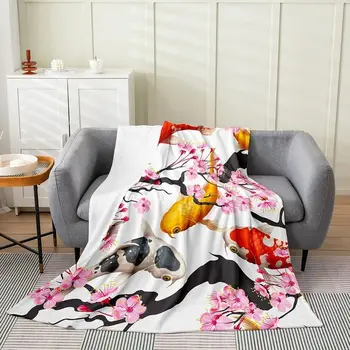 Всесезонное одеяло в японском стиле, фланелевое флисовое одеяло с цветущей вишней Японское пушистое одеяло для детей