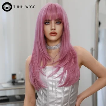 Длинный прямой розовый парик из сакуры для чернокожих женщин Натуральные синтетические парики из распущенных многослойных волос с челкой-шторой высокой плотности 26 дюймов