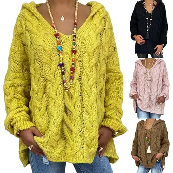 Длинный рукав Осенний капюшон Однотонный женский вязаный свитер Вязаный свитер Плетеный пуловер с капюшоном Свитер