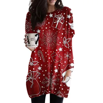 Женская рождественская толстовка с гномьим принтом Повседневная пуловер с длинным рукавом и круглым вырезом Карман Топы Мода Женская футболка средней длины