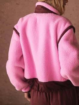  Женская флисовая лоскутная куртка с длинным рукавом Воротник-стойка Теплое зимнее пальто на молнии