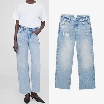 Женские рваные джинсы с завышенной талией Модные повседневные укороченные джинсы прямого кроя