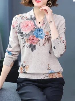 Женские свитера с цветочным принтом Осень Корейский стиль Женская одежда Пуловер С длинным рукавом Топ Femme Мягкий вязаный свитер с V-образным вырезом
