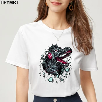 Женские футболки Повседневная футболка с принтом динозавров О-образный вырез 90-х годов для девочек топ Harajuku Футболка Мода Летняя одежда Футболки