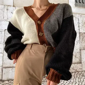 Женский вязаный свитер кардиган 2023 осень и зима Новый винтаж с V-образным вырезом Шикарные пуговицы Цвет Мода Повседневный Кардиган большого размера