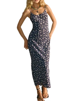 Женщины с открытой спиной Облегающий спагетти на бретеле Недоуздок Высокий разрез Рюши Длинное платье Приталенный крой плиссированный вечерний клубный сарафан