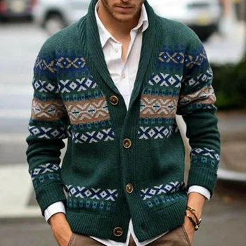 Зимний трикотажный кардиган с лацканами, жаккардовый свитер с длинными рукавами, пальто, зеленый свитер, новогоднее пальто, мужской свитер, пальто M-3XL
