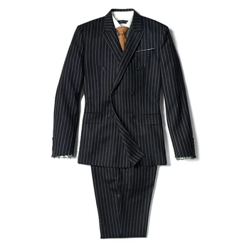 Классический черный мужской костюм в меловую полоску, изготовленный на заказ темно-синий мужской полосатый костюм, сшитый на заказ двубортный мужской костюм с пиковым лацканом