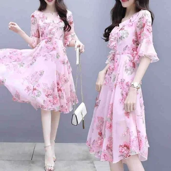 Корейская версия Модное платье средней длины с круглым вырезом и цветочным принтом Slimmer Look