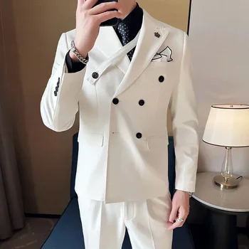 Корейский стиль Костюмы для мужчин Шикарный пик Лацкан Двубортный костюм Homme Fashion Casual Prom Wedding Tuxedo 2 шт. Блейзер Брюки