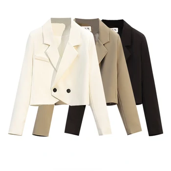 Куртки для женщин Маленький пиджак 2024 Новый корейский модный двубортный пиджак Винтаж с длинным рукавом Элегантный топ Женский блейзер