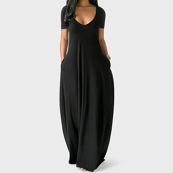 Летнее макси-платье для женщин Одежда 2023 Мода Сплошной Цвет Сексуальный Глубокий V-образный вырез с коротким рукавом Повседневное платье Высокая талия Карман Халат