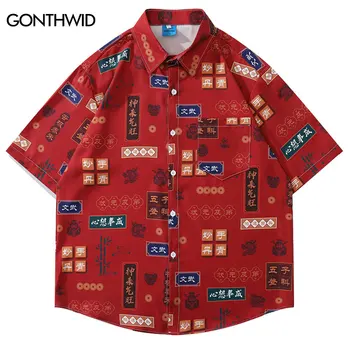 Мужская гавайская рубашка Уличная одежда Хип-хоп Китайский принт иероглифов Летний пляж Рубашки с коротким рукавом Мужская мода Повседневная карманная блузка
